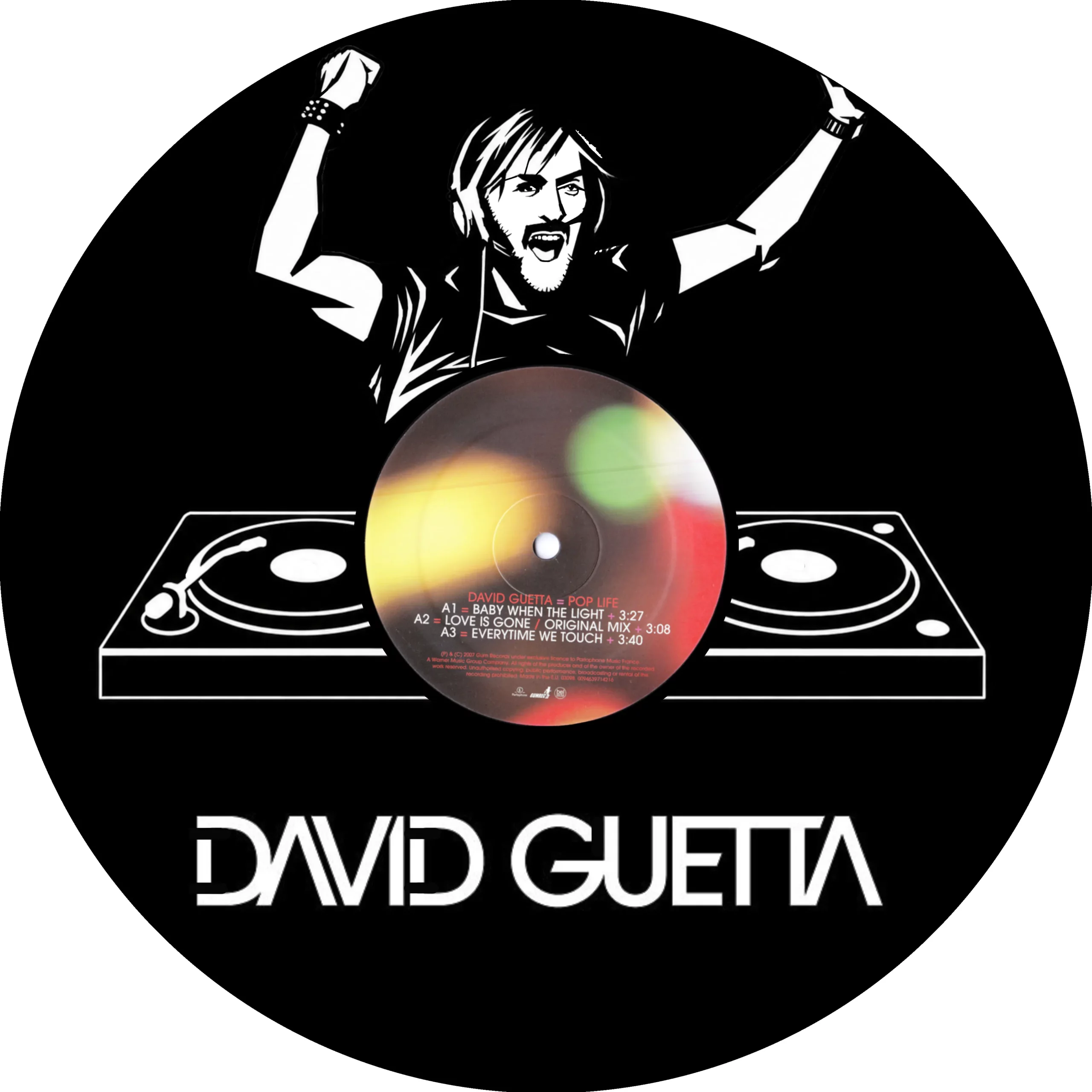 Vinyle décoratif DAVID GUETTA découpé au laser, vue de face